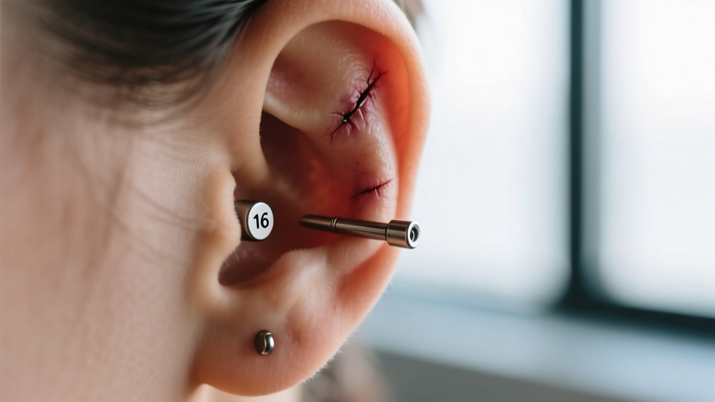 Macro photography of a healed 16-gauge titanium labret stud in a right ear helix piercing, showing healthy skin and no redness