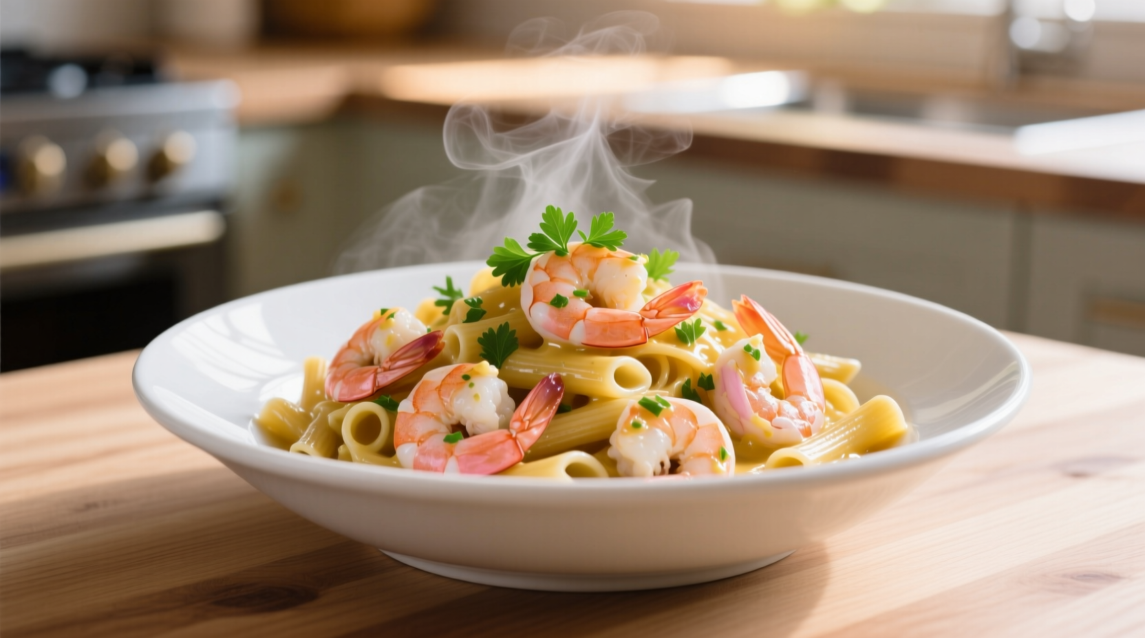 Perfectly cooked garlic butter shrimp and pasta in white bowl