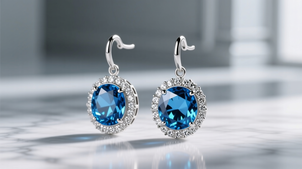 Elegant London blue topaz halo dangle earrings in platinum, photographed from a side angle to show the protective diamond border.