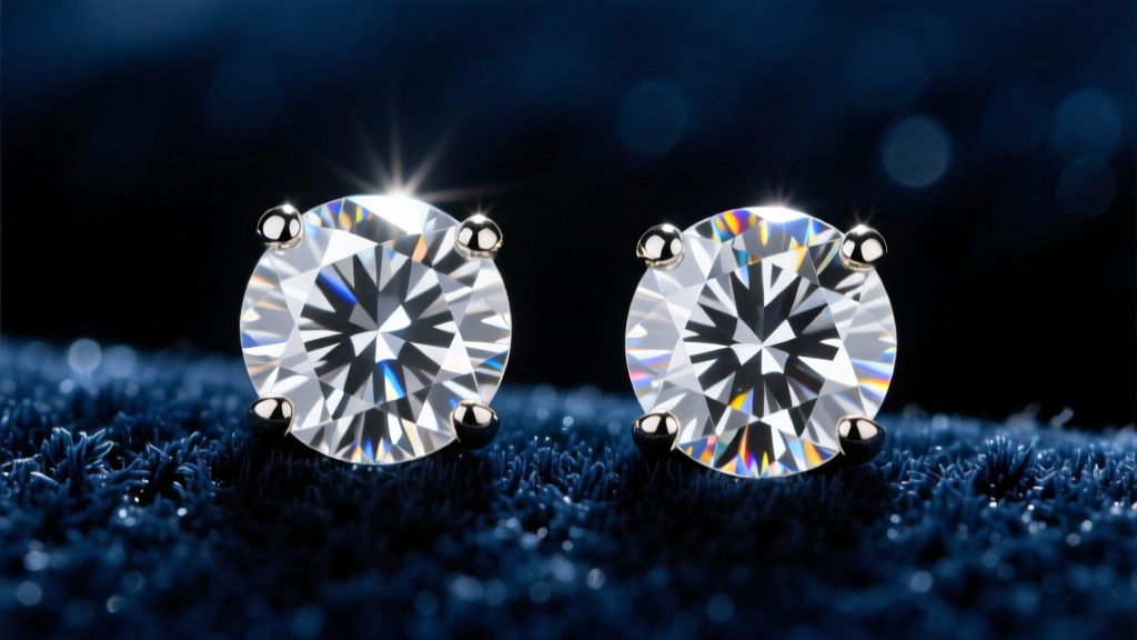 Macro shot of 8mm round brilliant diamond studs on dark velvet, highlighting intense scintillation and wide face-up spread.
