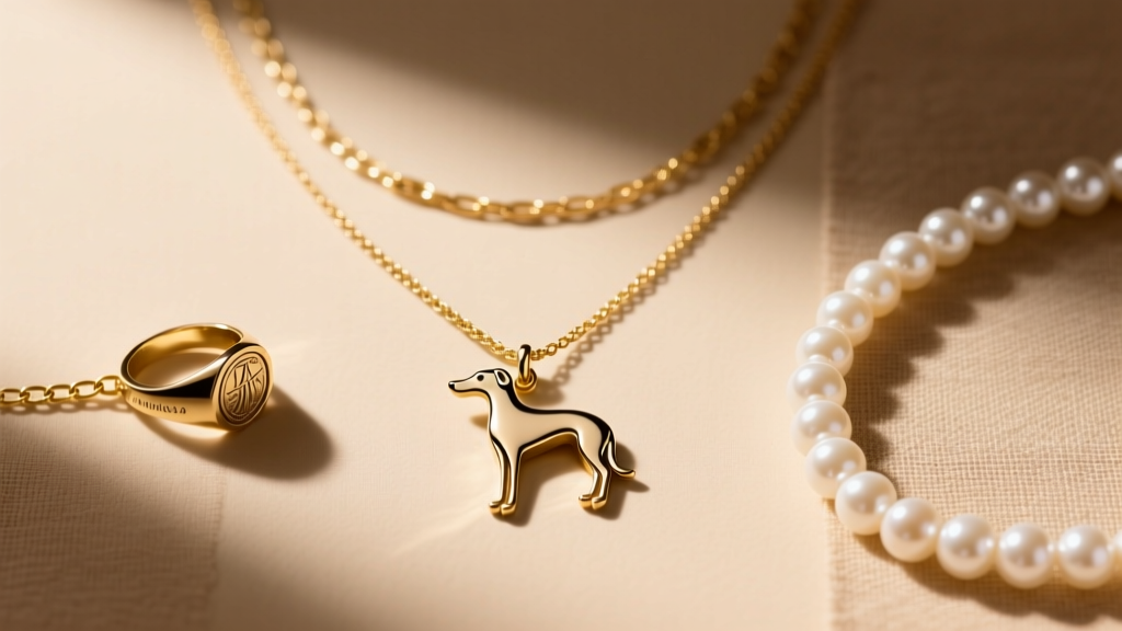 Flat lay of three layered gold necklaces featuring a minimalist greyhound charm, a signet ring, and a delicate pearl strand