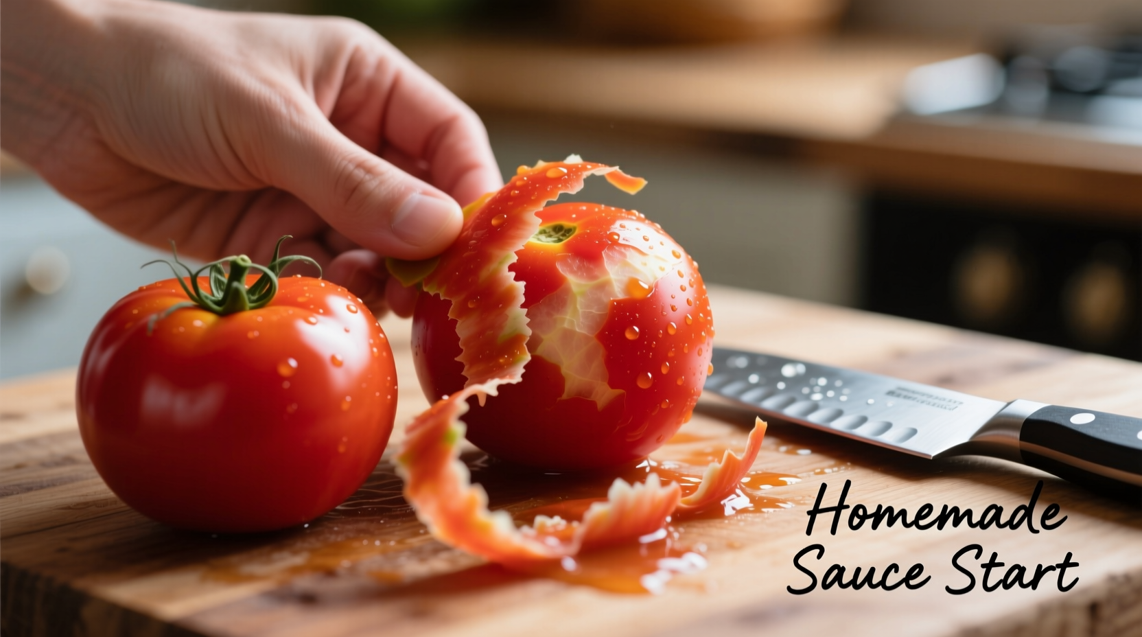 Fresh tomatoes being peeled for homemade sauce