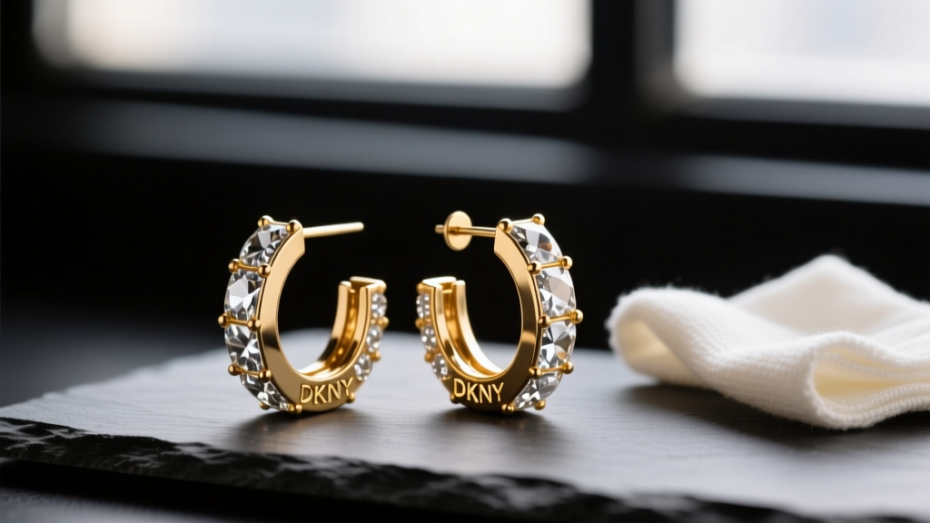 Macro shot of tarnished gold-plated DKNY crystal hoop earrings resting on dark slate with a soft microfiber polishing cloth nearby