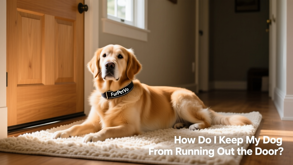 Happy dog relaxing on a cozy rug near a closed front door, wearing a FurPetVo-branded collar