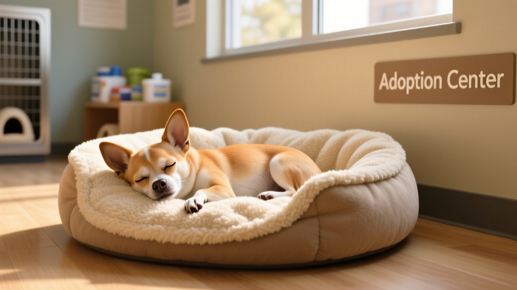 A calm, healthy Chihuahua resting comfortably in a cozy shelter kennel with soft bedding