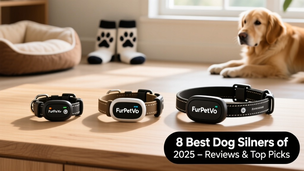 Side-by-side comparison of three FurPetVo collars showing different sizes, adjustable straps, and control panels