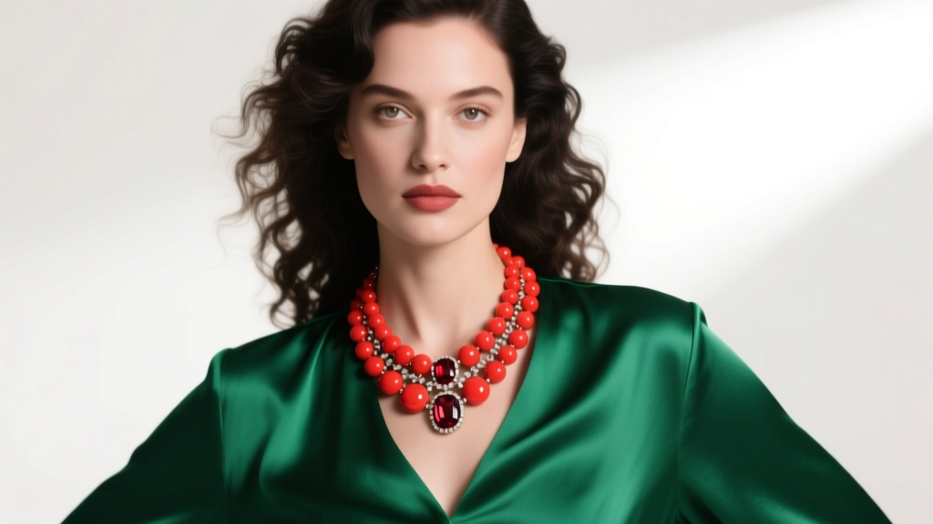 Elegant woman wearing a chunky red coral statement necklace over an emerald green silk blouse, soft studio lighting on the beads.