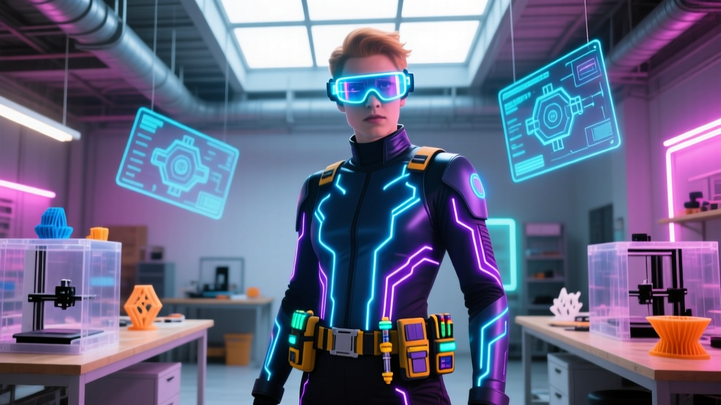 Cosplayer in a high-tech Rescue Rangers Gadget costume with glowing AR goggles and a utility toolbelt in a neon maker space