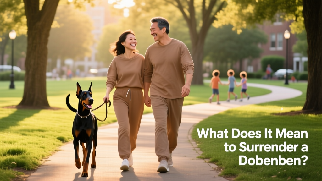 Two people smiling as they walk a Doberman Pinscher together in a park, symbolizing a successful, joyful rehoming outcome