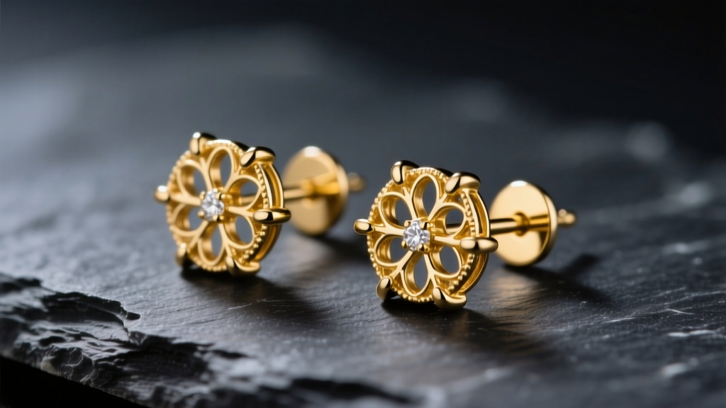 Macro shot of a 14k yellow gold earrings studs set on dark slate, highlighting intricate prong settings and polished metal posts.