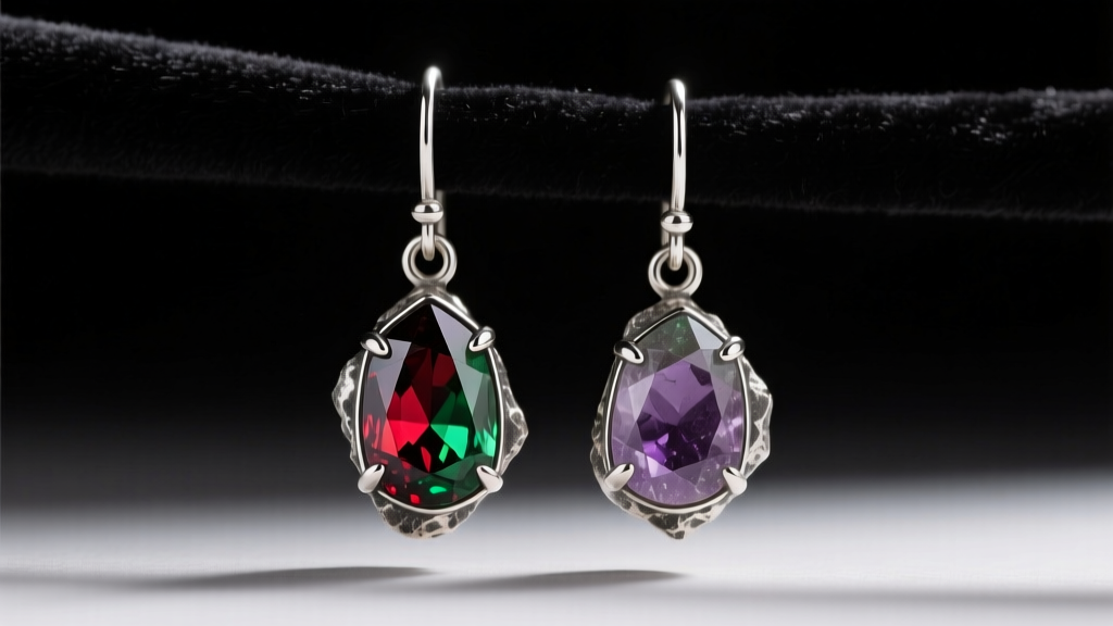 Oxidized sterling silver drop earrings with raw tourmaline gems on dark velvet under moody lighting and sharp macro focus detail