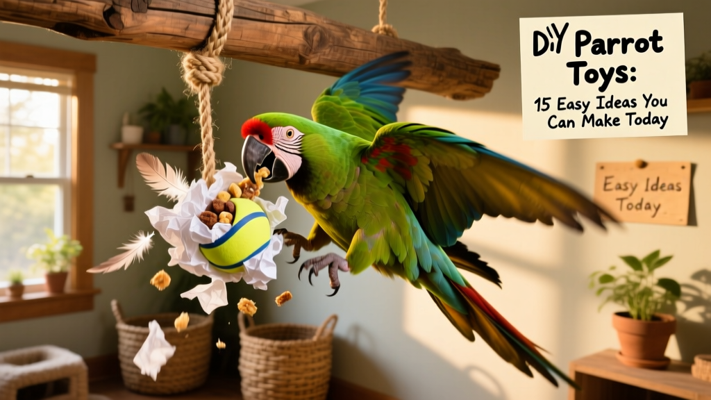 A green-winged macaw interacting with a hanging wiffle ball stuffed with tissue paper and treats, mid-shred