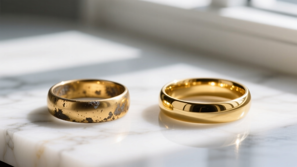 Side-by-side comparison of a tarnished gold plated ring and a bright 14k gold filled ring, photographed on white marble.