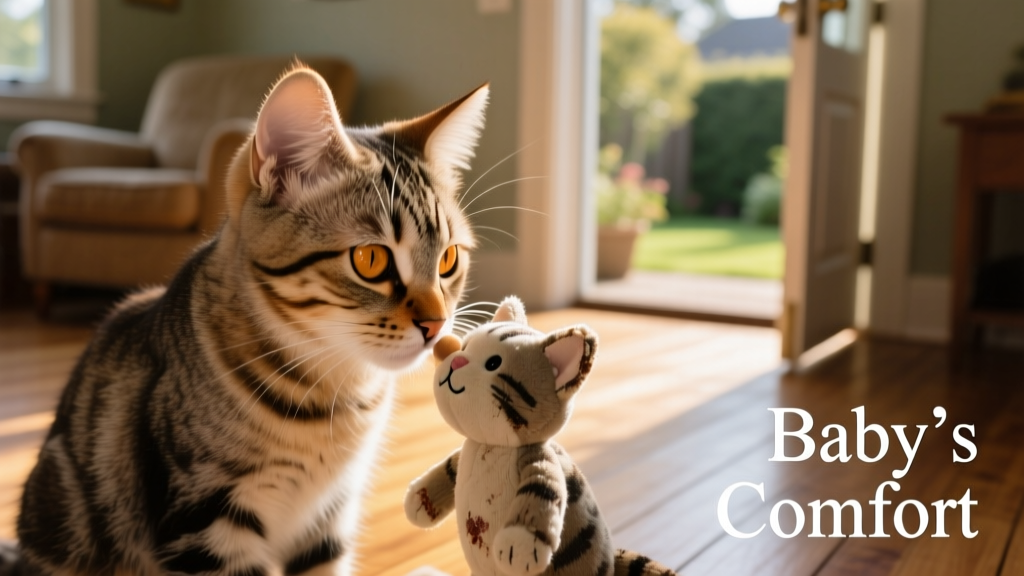 Close-up of Baby, an elderly tabby cat with soft tiger stripes, gently nudging a small plush cat toy with her nose