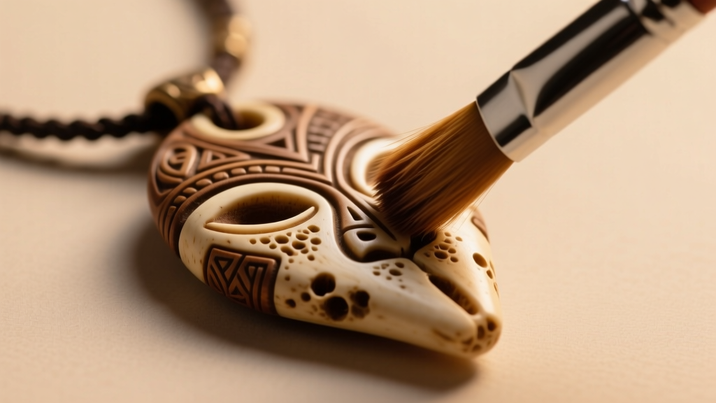 Soft-bristled brush gently cleaning a porous faux-bone tribal pendant from a cosplay necklace under warm, directional lighting.
