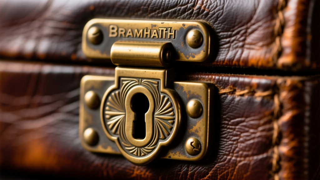 Close-up of tarnished brass Bramah lock and ornate escutcheon on a leather box, highlighting the intricate keyhole and patina