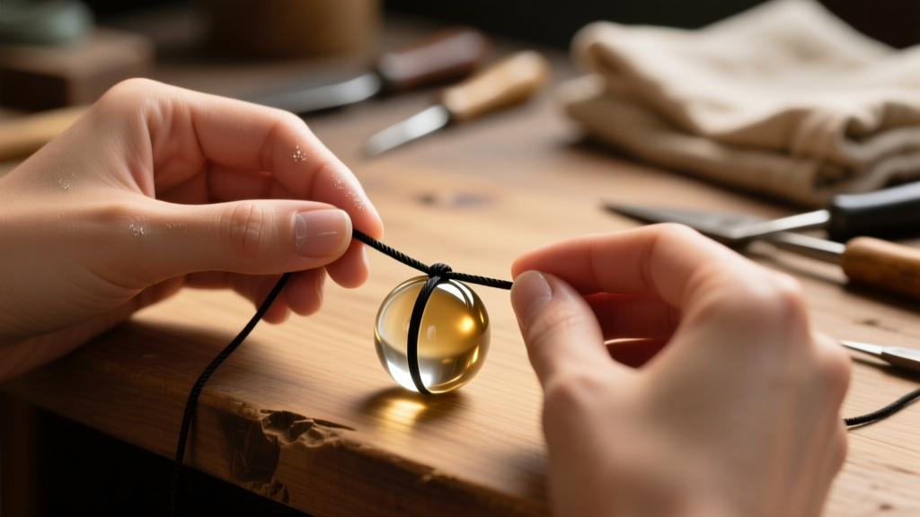 Close-up of hands threading black silk cord through a glass magatama bead on a wood workbench, illuminated by warm desk lighting.