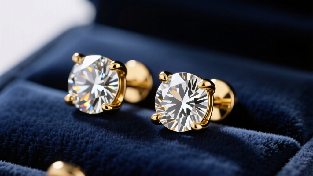 Close-up of 14k gold diamond stud earrings on velvet, highlighting the brilliant round cut and secure four-prong settings