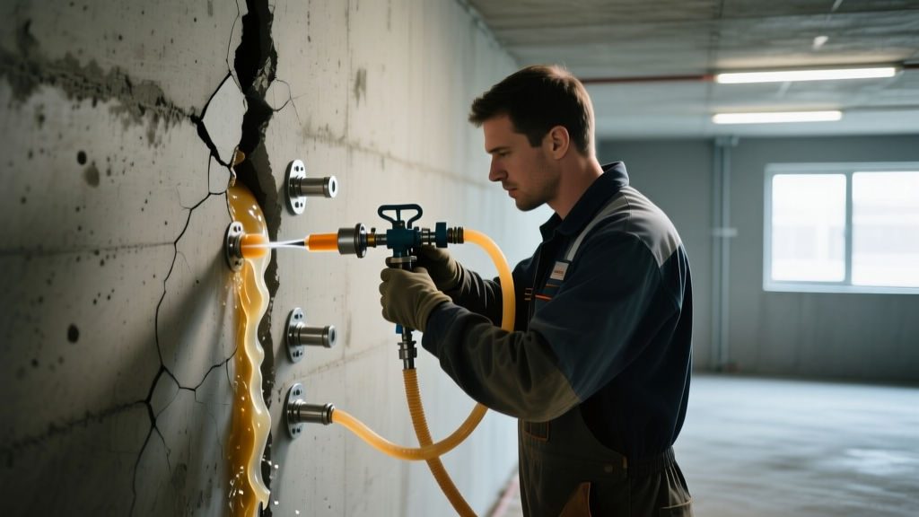 Technician injecting polyurethane resin into a vertical basement wall crack using specialized injection ports and a pneumatic pump system