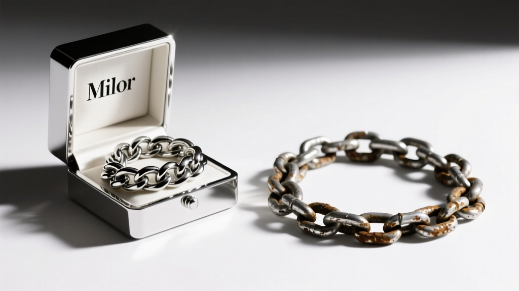 A bright rhodium-plated Milor box chain next to a heavily tarnished raw silver chain, photographed under harsh studio lighting