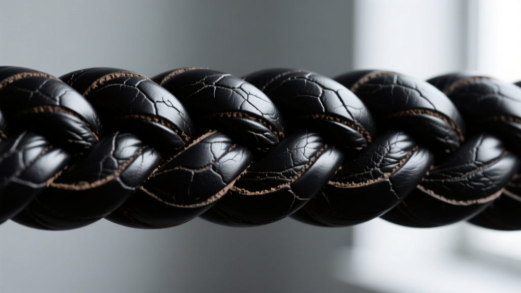 Macro photography of a tight 8-strand round braid in vegetable-tanned black leather showing natural grain variations and texture