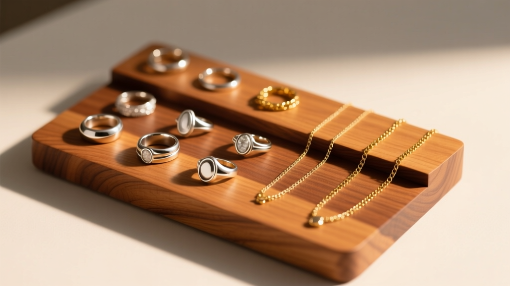 Top-down view of a sanded maple wood DIY jewelry display stand holding silver rings and gold chains under warm studio lighting.