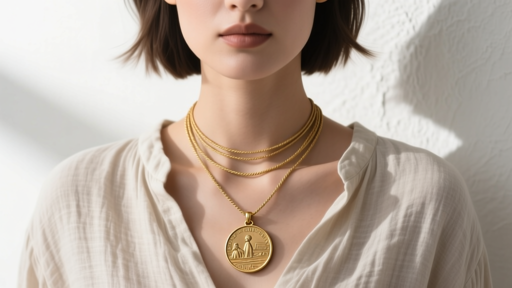 Model wearing a layered necklace stack with a gold rush coin pendant on a 24-inch 3mm rope chain against a neutral linen shirt