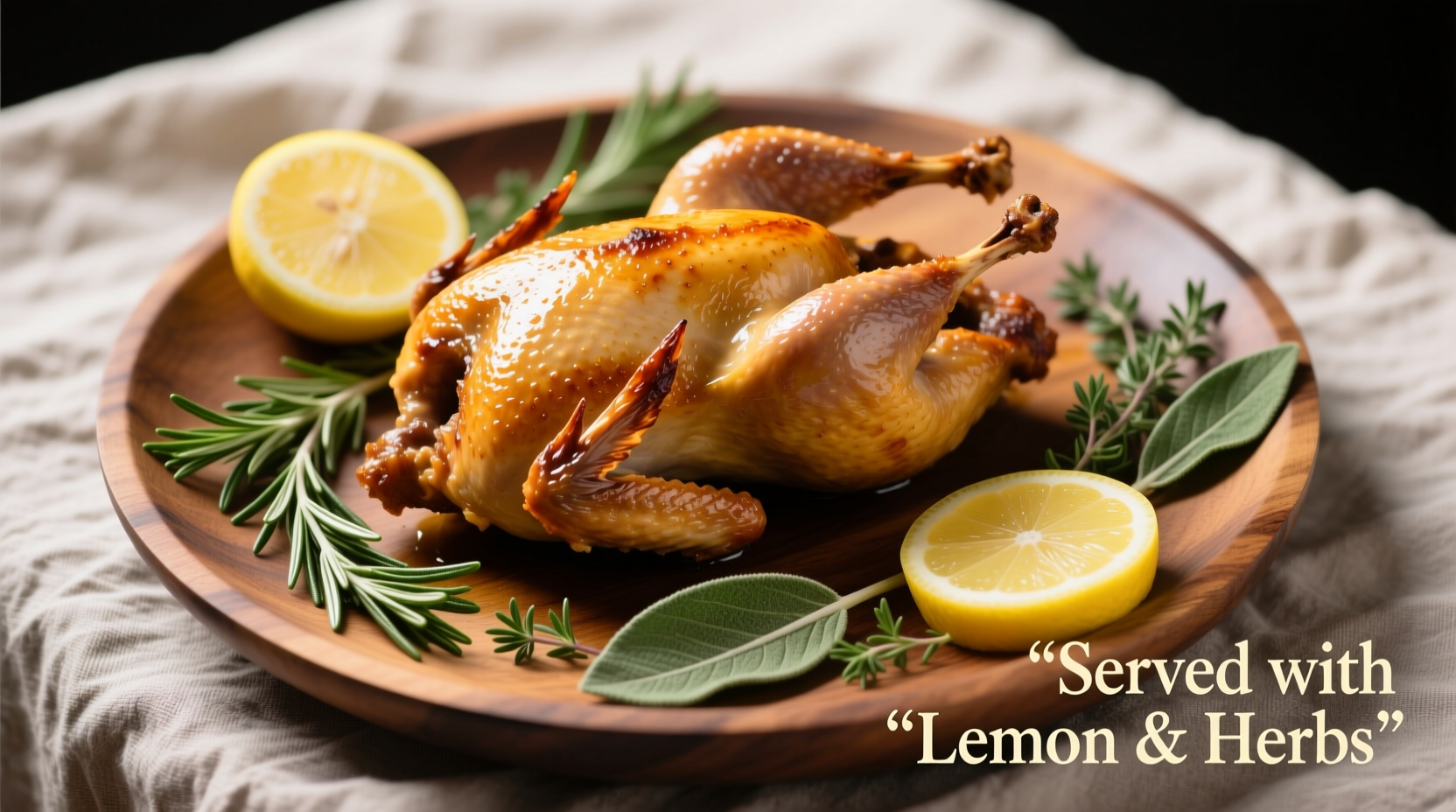Whole roasted quail with lemon and herbs on platter