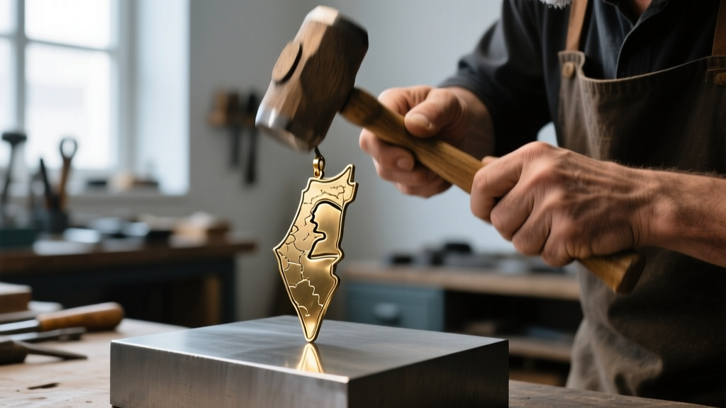 Jeweler using a rawhide mallet to flatten a warped brass Israel map pendant on a steel block under bright workshop lighting.