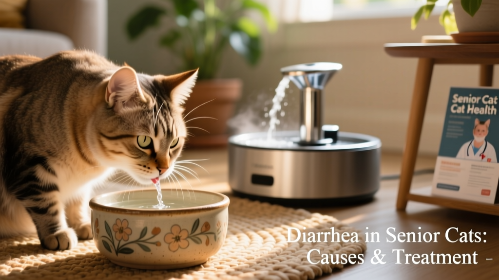 Close-up of a senior cat drinking from a ceramic water bowl with a pet fountain nearby