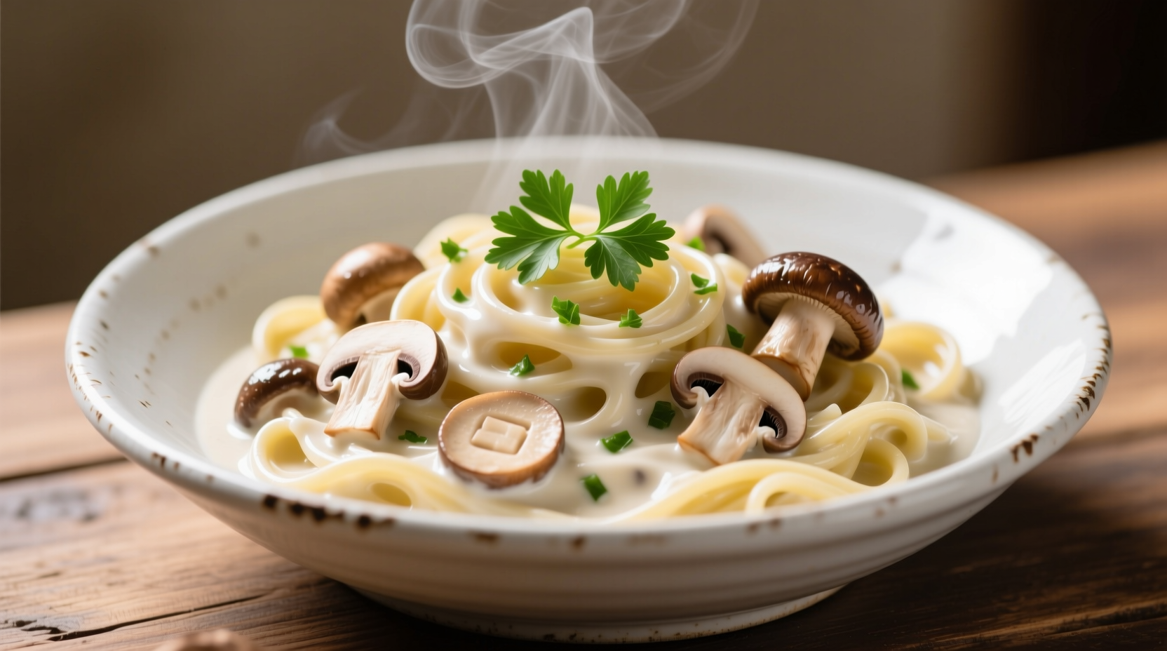 Creamy garlic mushroom pasta in white bowl with parsley garnish
