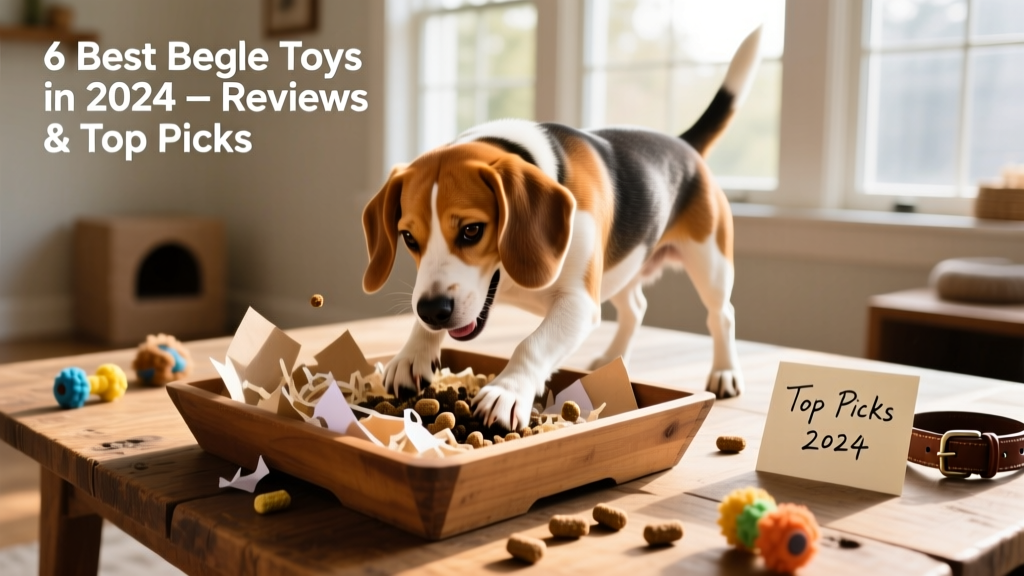 Beagle enthusiastically digging in a low-sided tray filled with shredded paper and visible treat pods