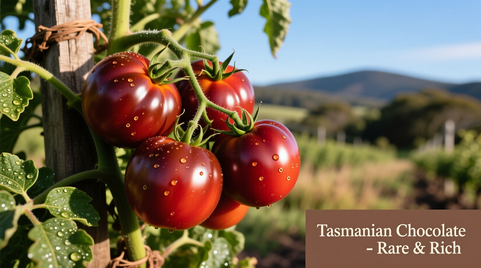 Ripe Tasmanian Chocolate tomatoes on vine with distinctive mahogany color
