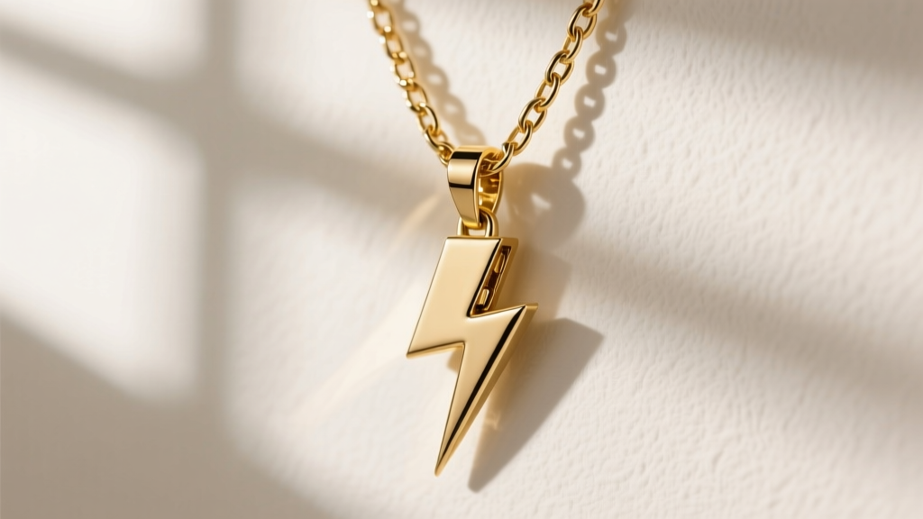 Gold box chain threaded through a hidden slide bail on a lightning bolt pendant, designed to stop the necklace from flipping.