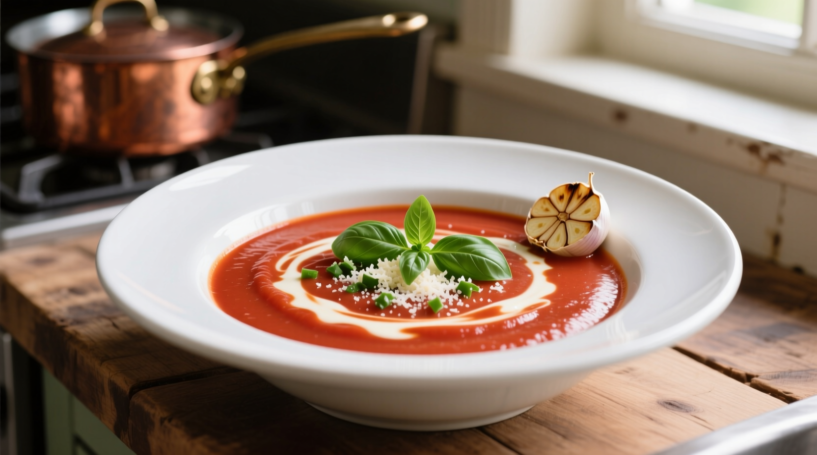 Creamy tomato basil bisque in white bowl with fresh garnish