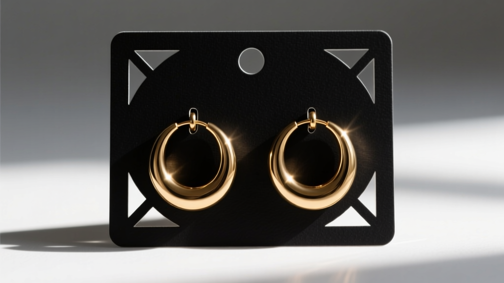 Close-up of a 32pt matte black cardstock earring display card holding heavy brass hoop earrings, showing crisp laser-cut slits.