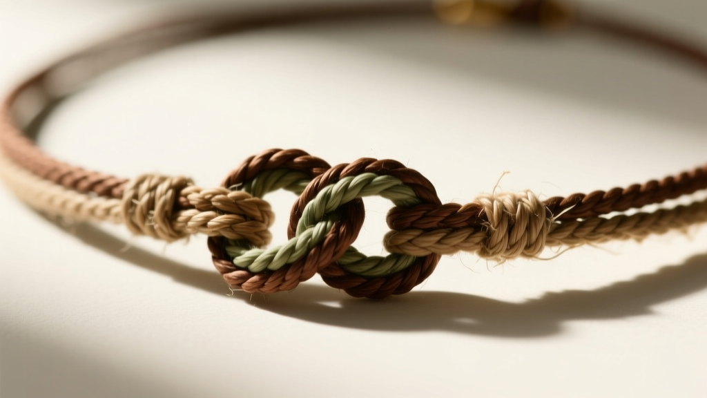 Macro shot of a finished hemp necklace sliding knot closure, showing tight overhand knots on the filler cords with trimmed ends.