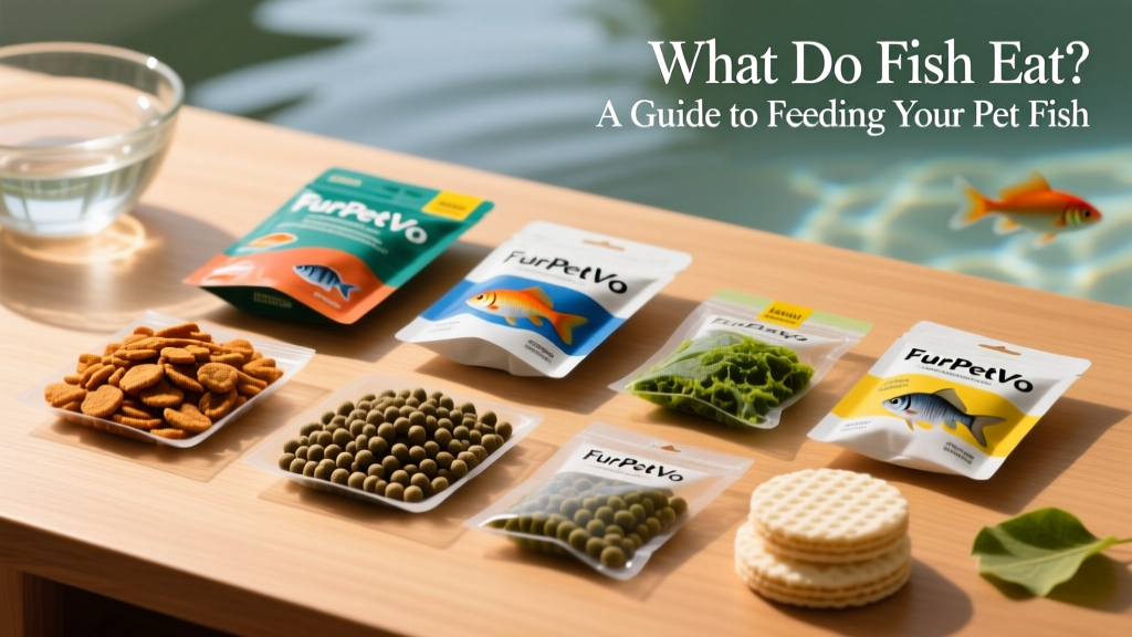 Assortment of FurPetVo fish food packaging: flakes, sinking pellets, and algae wafers arranged neatly on a clean surface