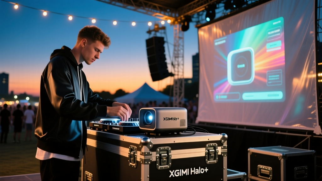 Touring DJ adjusting an XGIMI Halo+ portable projector mounted on a reinforced aluminum flight case at an outdoor twilight music festival