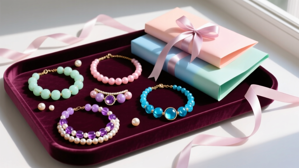 Flat lay of colorful acrylic and faux-pearl budget necklaces arranged on a velvet tray with pastel gift wrapping and silk ribbon.