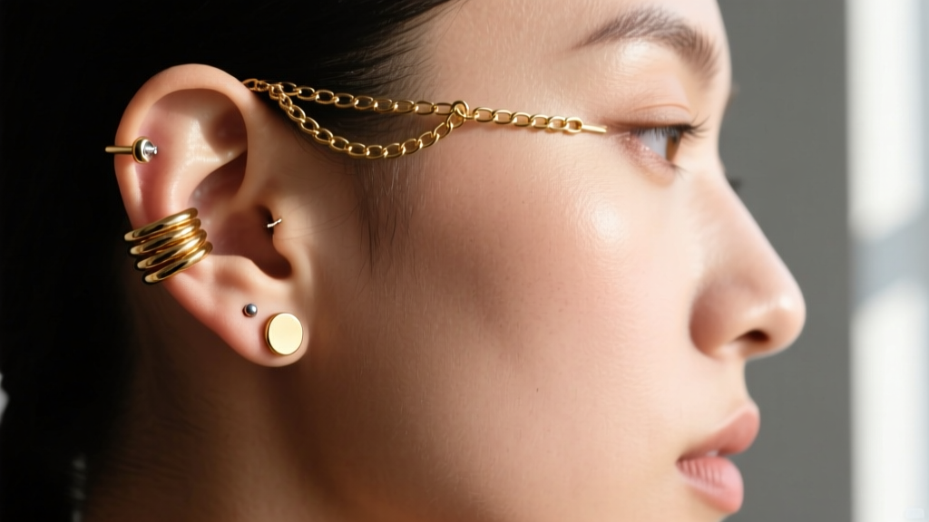 Side profile showing a healed cartilage earring stack with a 16-gauge gold flat-back labret and a delicate chain ear cuff