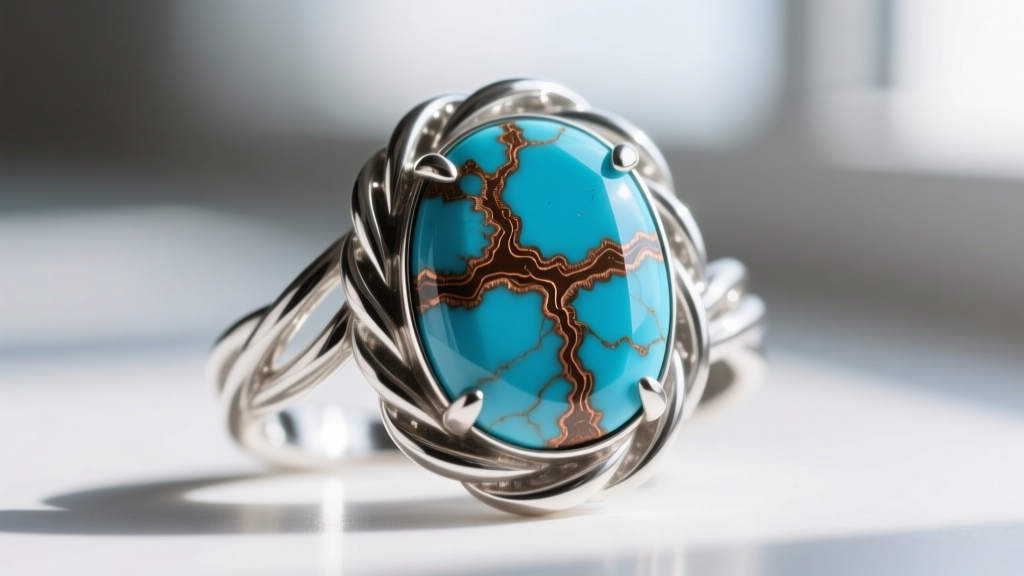 Macro shot of Kingman turquoise in a twisted sterling silver bezel, highlighting the brown copper matrix and high polish finish.