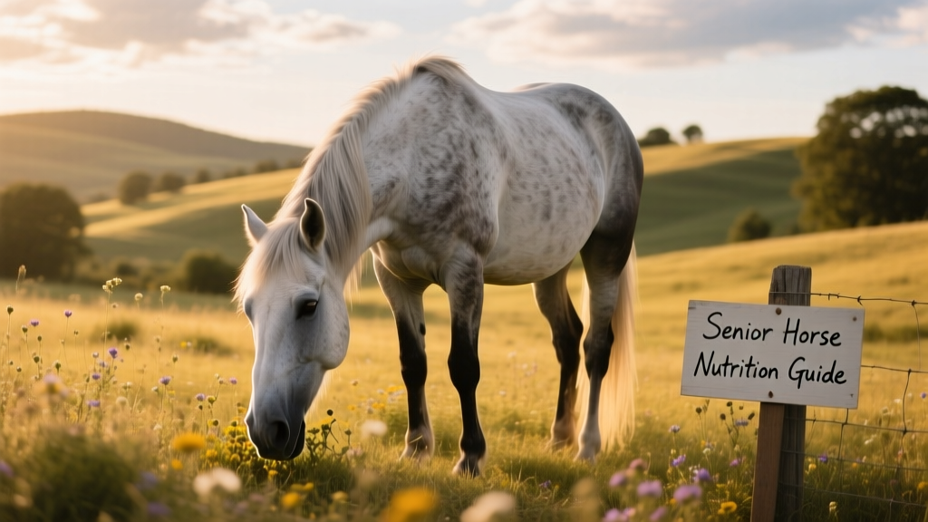 Senior horse grazing peacefully in a sunlit pasture