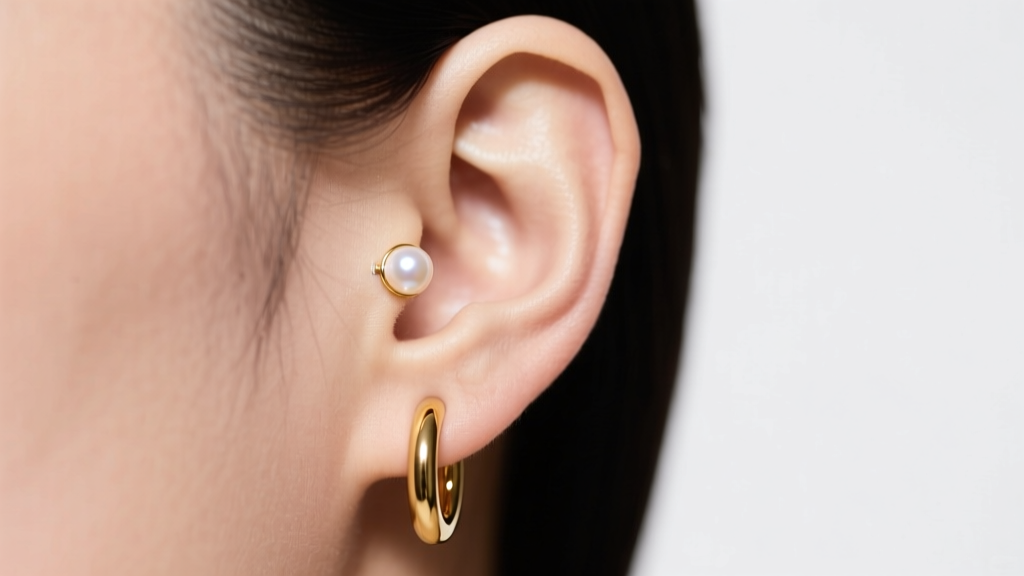 Side profile of an ear wearing a 10mm gold huggie hoop in the first lobe piercing and a delicate 4mm pearl stud in the back hole
