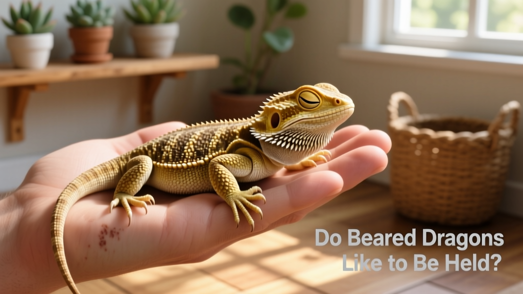 A calm, relaxed bearded dragon resting gently on a person's open palm