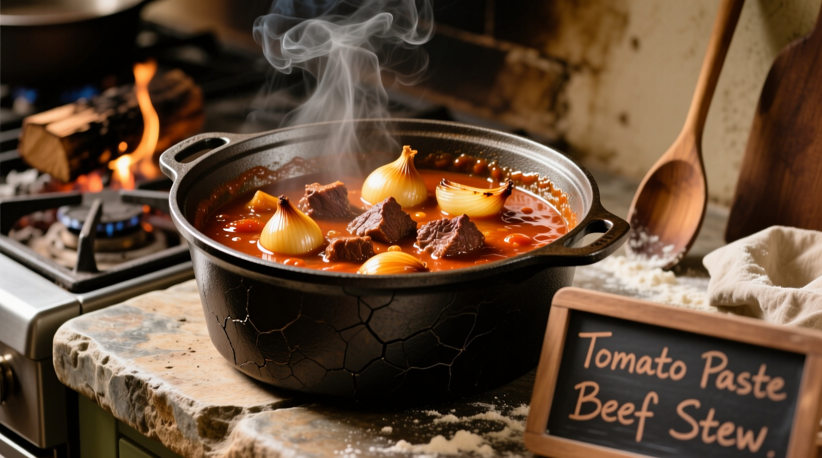 Beef stew with tomato paste simmering in cast iron pot