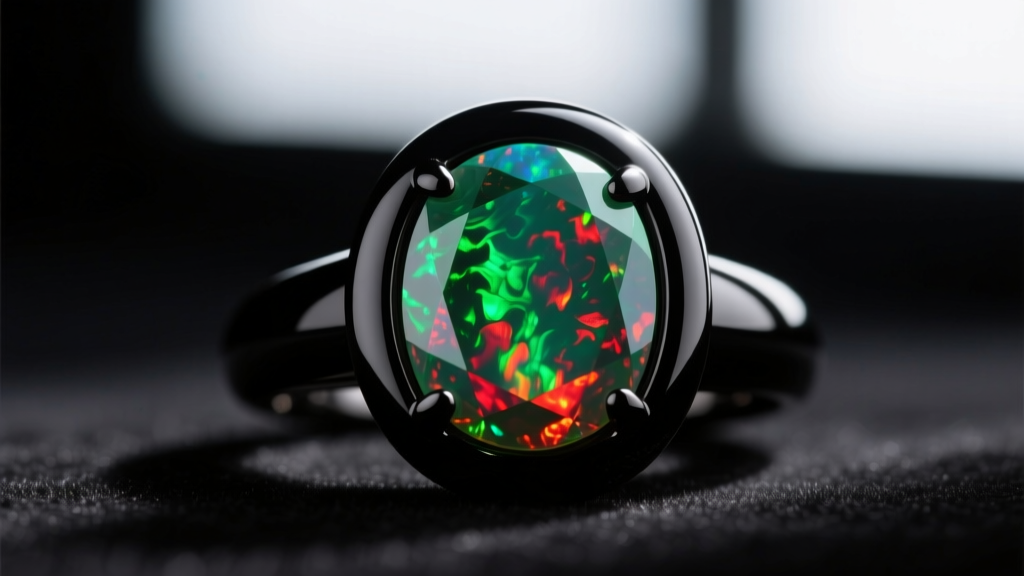 Close-up of a bezel-set solid black opal ring displaying vibrant green and red play-of-color against a dark velvet background.