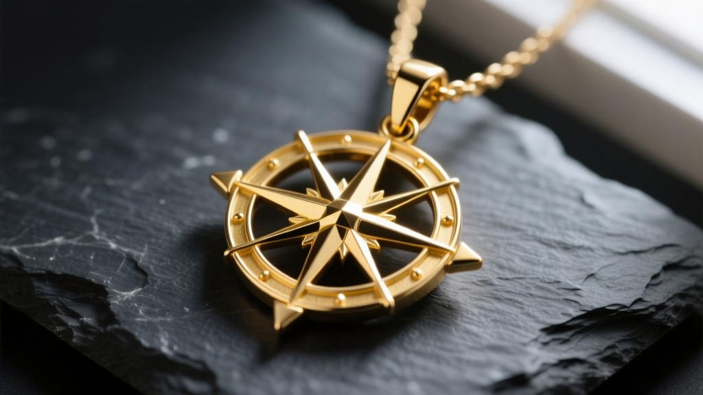 Macro shot of a solid 14k yellow gold north star necklace pendant on dark slate, highlighting sharp compass points and brushed finish