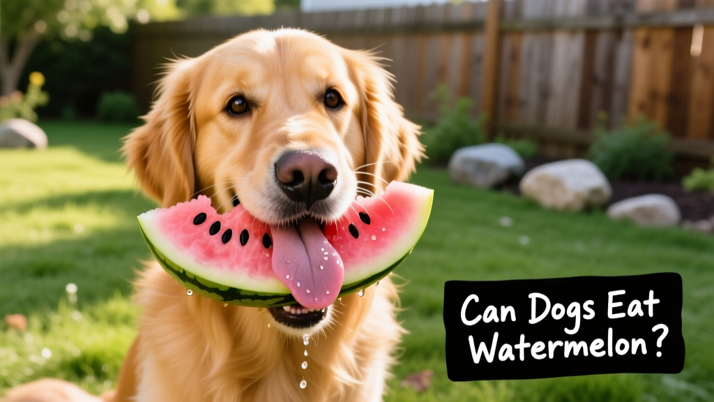 A golden retriever happily eating a slice of watermelon outdoors