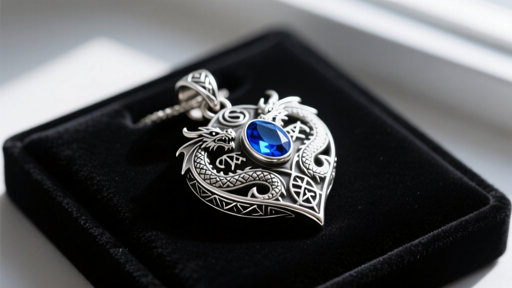 A high-quality real-world sterling silver replica of the OSRS dragonstone amulet resting on a dark velvet jewelry display pad.